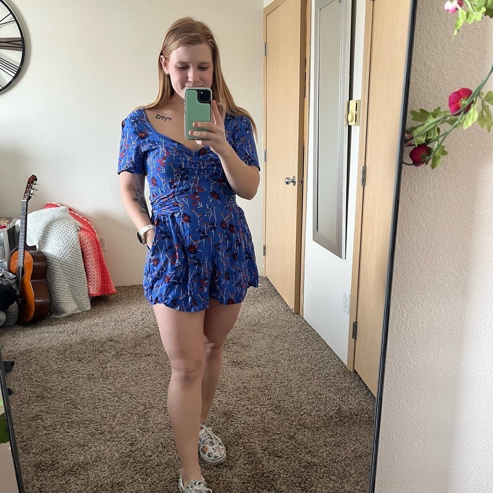 Free People Blue Floral Short Sleeve Romper